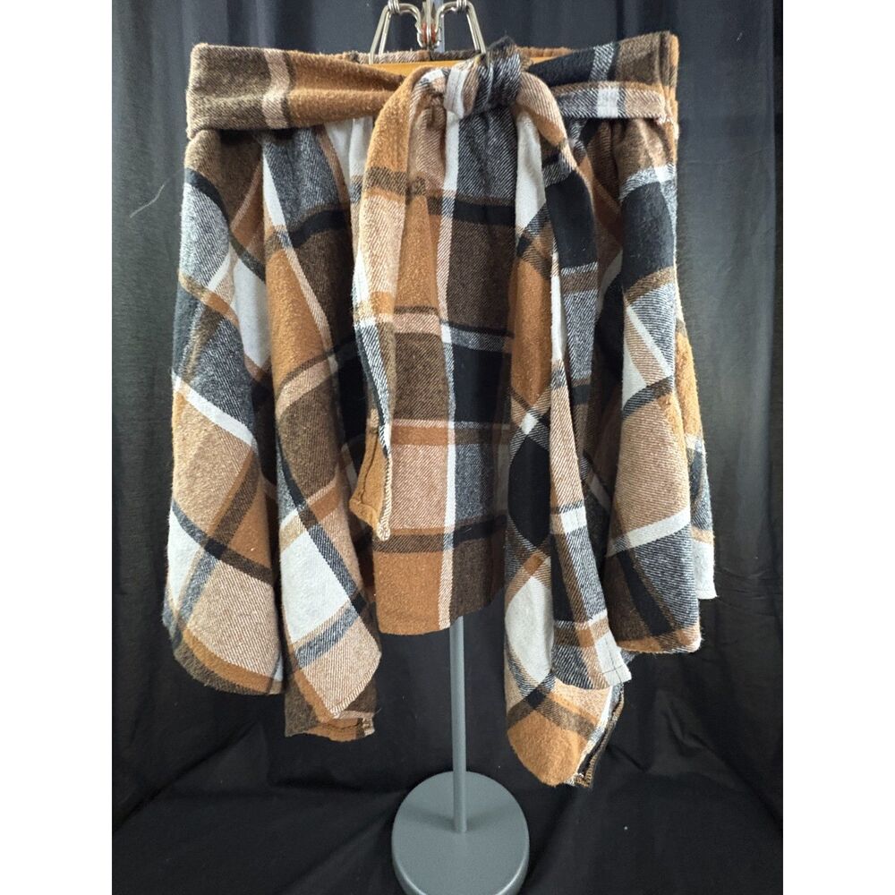 Brown Plaid Wrap Skirt L Tie Waist Asymmetrical Hem Cottagecore Fall